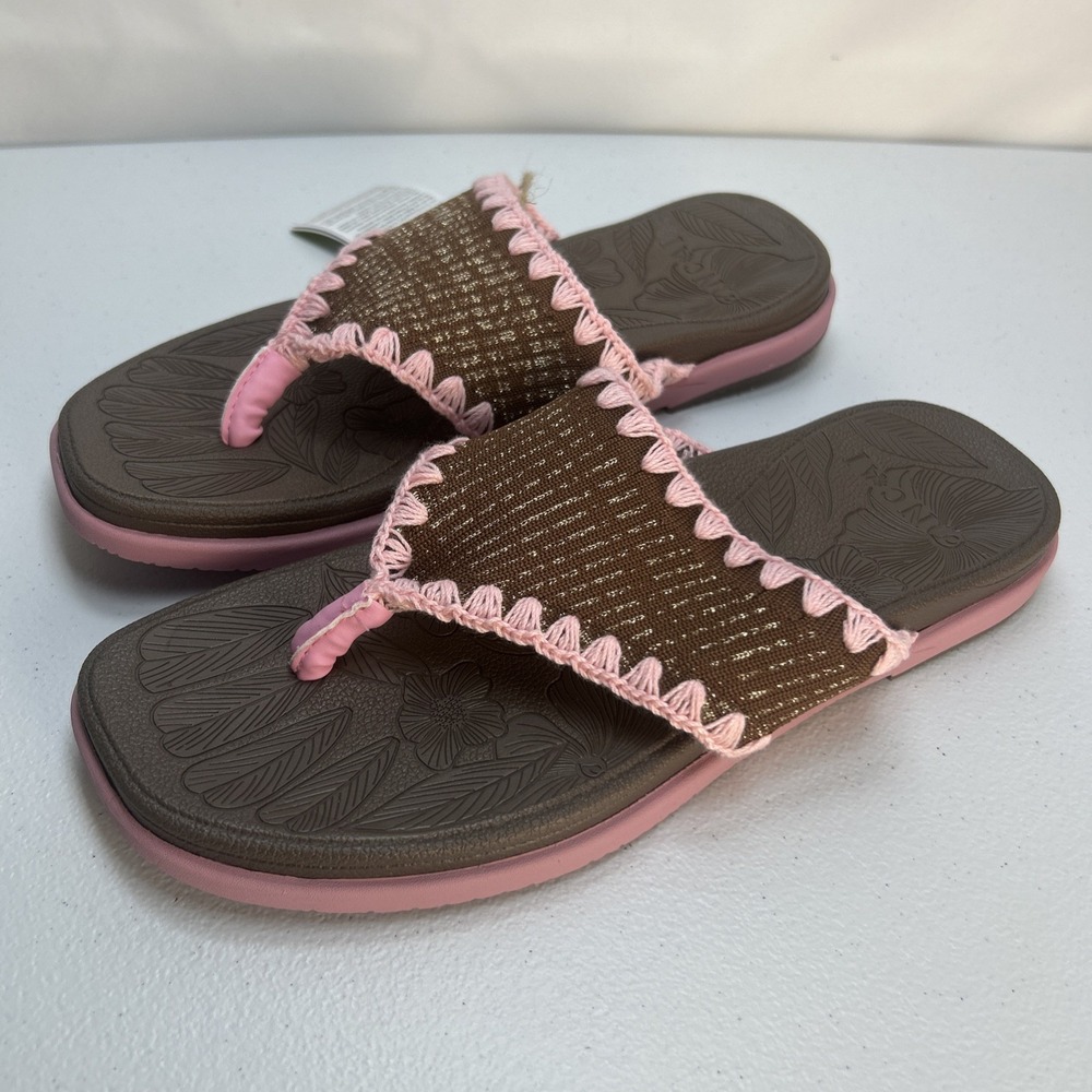 ONCAI Women's Crochet Trim Flip Flops Flat Slide Sandals Pink Brown Size 8 NIB